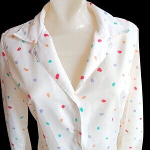 Vintage Women's Medium Top 12 1970's 80s Polka Dot Blouse Polyester Granny